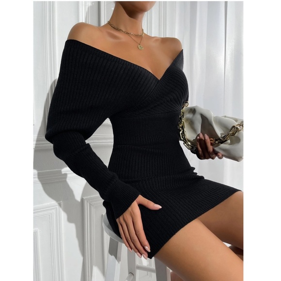 Black Off Shoulder V-Neck Rib Knit Sweater Mini Short Dress Long Sleeve - Picture 2 of 9